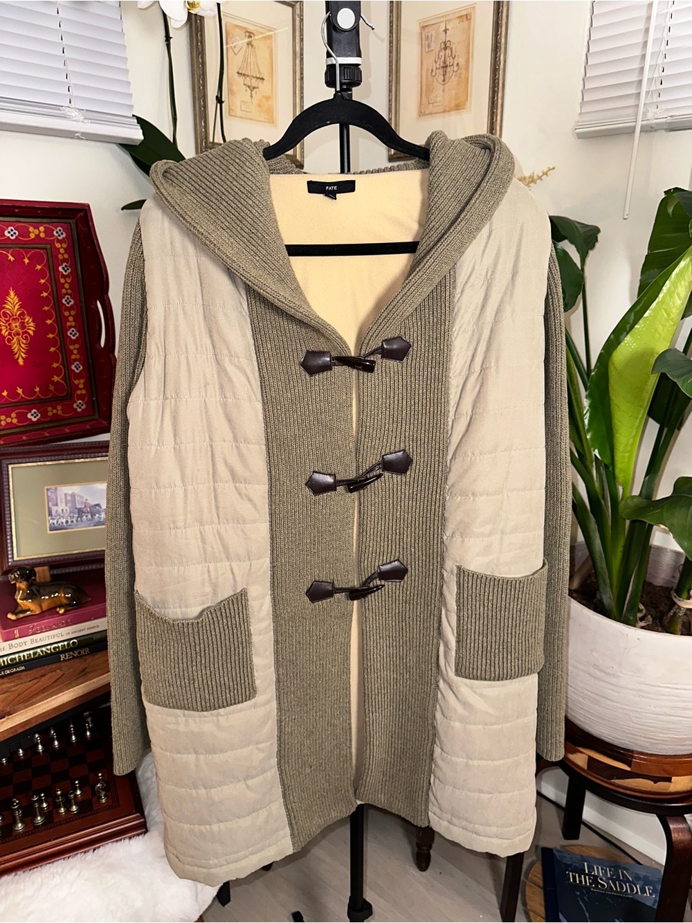 FATE Neutral Mixed-Media Hooded Toggle Coat - Size Small - Pristine